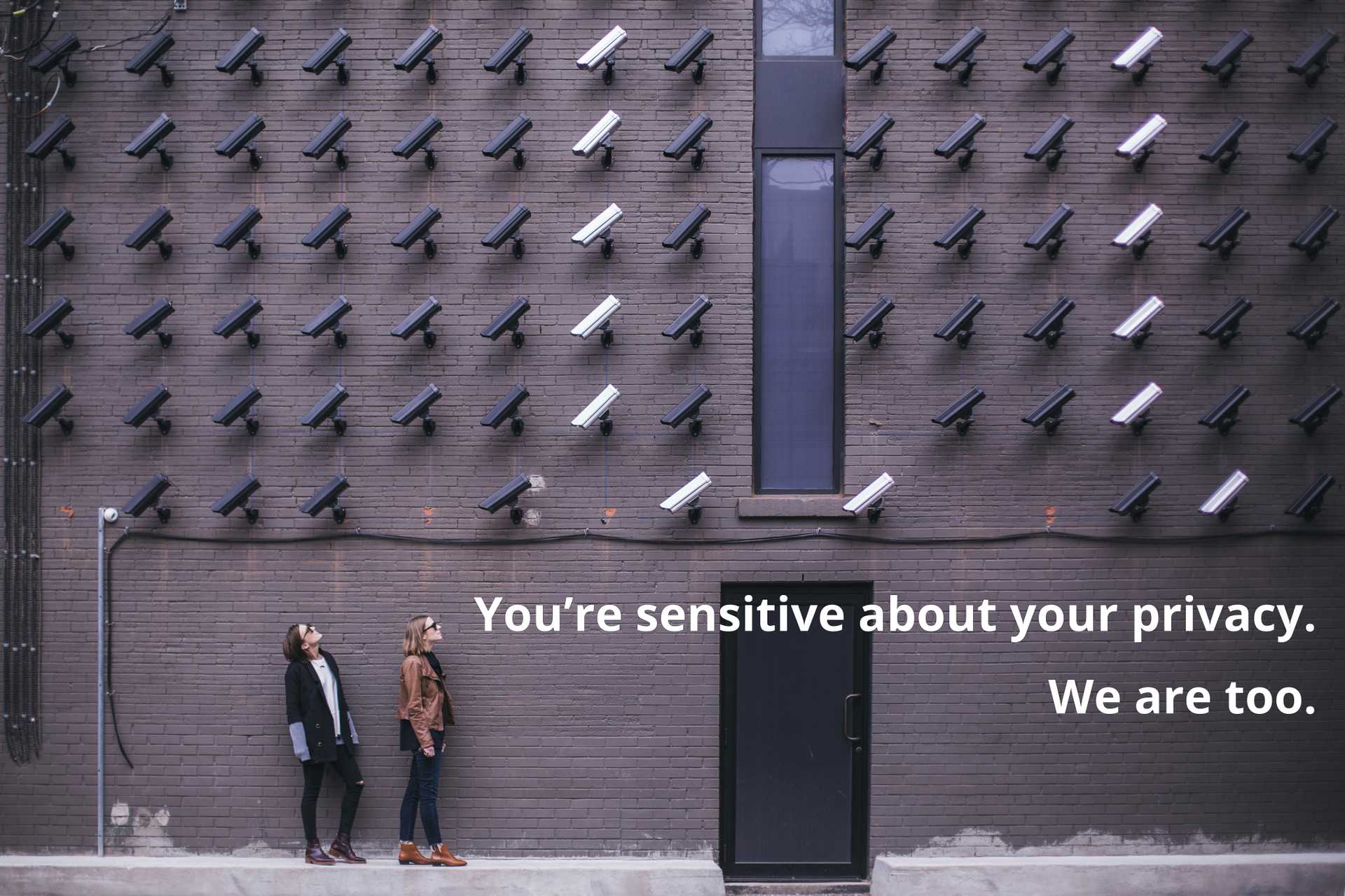 Photograph of dozens of security cameras pointed at two individuals on a street. Text `You're sensitive about your privacy. We are too.` overlayed on image.